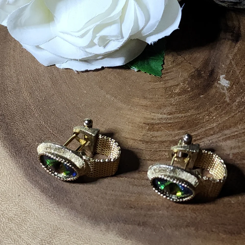 Vintage RARE Gold Tone Mesh Wrap Cufflinks Watermelon Glass Rivoli Gemstones